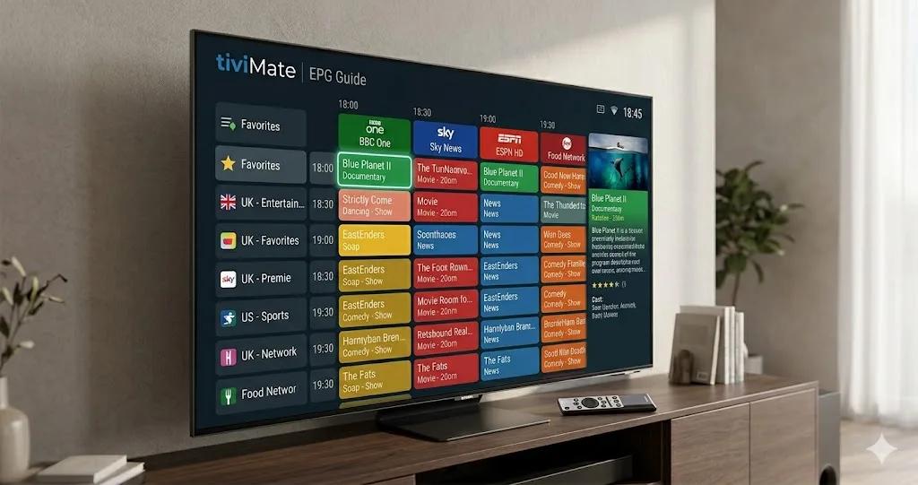 Exemplo de utilização de uma playlist M3U numa Smart TV para organizar referências de conteúdos IPTV.